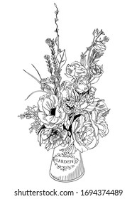 bouquet of different flowers in vases. Roses and peonies. Hand-drawn vector illustration of a sketch style. Isolated interior elements. Vintage floral composition