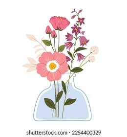 Bouquet of different spring flowers in pastel colors in a modern vase.Hand drawn illustration.