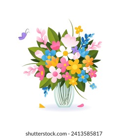 Bouquet of different spring and summer flowers in vase. isolated vector illustration on white. Modern art for poster, postcard, banner, card and etc. Vector clip art. Women's Day, Mother's Day.