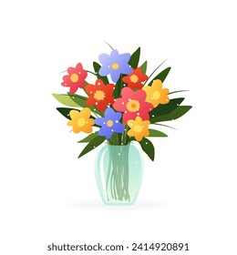 Bouquet of different spring and summer flowers in vase. isolated vector illustration on white. Modern art for poster, postcard, banner, card and etc. Vector clip art. Women's Day, Mother's Day.