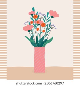 Bouquet of different spring and summer flowers in vase. isolated vector illustration on white. Modern art for poster, postcard, banner, card and etc. Vector clip art. Women's Day, Mother's Day.
