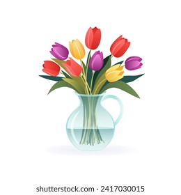 Bouquet of different tulips. Spring flowers in vase. isolated vector illustration on white background. Modern art for poster, postcard, banner, card and etc. Vector clip art. Women's Day, Mother's Day