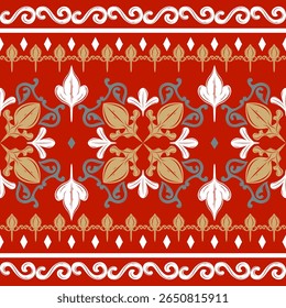 Bouquet Drawing Work Fashion Creation Baroque Style with Royal Ornament Scroll Mythology Gold Green White on Red Background.  Fabulous Intricate Botany Pattern Seamless Border for Embroidery Boho Lace