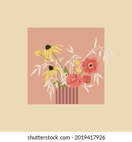 Bouquet with dried flowers, bohemian style, dry spikelets and herbs. Echinacea yellow. Botanical illustration