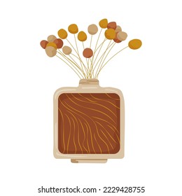 Bouquet of dried plants in glass vase. Minimalist composition of abstract flowers. Modern interior decor in boho style. Flat vector illustration isolated on white background