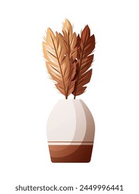 Bouquet of dried reeds in a vase. Interior design, home decor, cozy home concept. Isolated vector illustration.