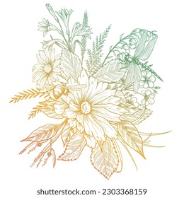 A bouquet of early spring flowers. Botanical style of engraving illustration. Vector. Gradient