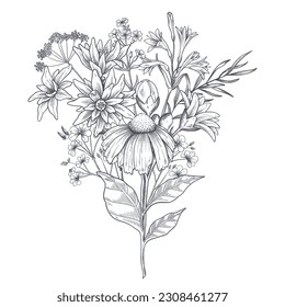 Un ramo de flores primaverales. Estilo botánico de ilustración de grabado. Vector. Negro y blanco