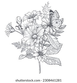 A bouquet of early spring flowers. Botanical style of engraving illustration. Vector. Black and white