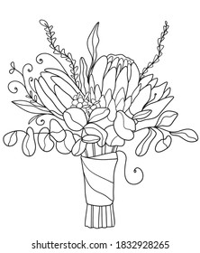 Bouquet of eucalyptus and proteus.Anti stress coloring book page for adults or children.Outline vector drawing of flowers.Page of floral pattern in black and white.