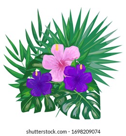 Bouquet of exotic flowers and leaves. Tropical elements for design. Isolated vector illustration on a white background.