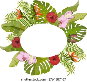 Bouquet of exotic flowers and leaves.Vector color composition of tropical flowers and leaves.