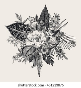 Bouquet of exotic flowers. Vintage vector illustration. Black and white