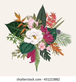 Bouquet of exotic flowers. Vintage vector illustration. Colorful