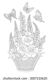 bouquet of fancy flowers in the basket surrounded flying butterflies  for your coloring book