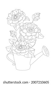 bouquet of fancy flowers in the watering can for your coloring book