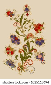 Bouquet of fantastic flowers. Background in ethnic traditional style. Abstract vintage pattern with decorative flowers, leaves and Paisley pattern in Oriental style.