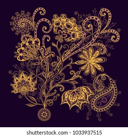 Bouquet of fantastic flowers. Background in ethnic traditional style. Abstract vintage pattern with decorative flowers, leaves and Paisley pattern in Oriental style.