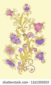 Bouquet of fantastic flowers. Background in ethnic traditional style. Abstract vintage pattern with decorative flowers, leaves and Paisley pattern in Oriental style.