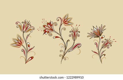 Bouquet of fantastic flowers. Background in ethnic traditional style. Abstract vintage pattern with decorative flowers, leaves and Paisley pattern in Oriental style.