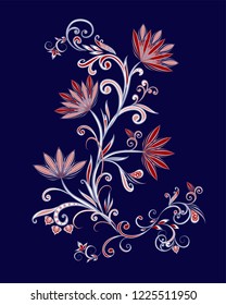 Bouquet of fantastic flowers. Background in ethnic traditional style. Abstract vintage pattern with decorative flowers, leaves and Paisley pattern in Oriental style.