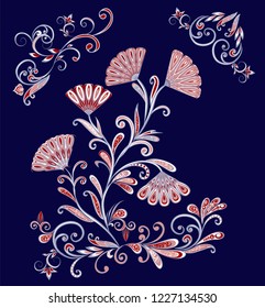 Bouquet of fantastic flowers. Background in ethnic traditional style. Abstract vintage pattern with decorative flowers, leaves and Paisley pattern in Oriental style.