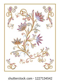 Bouquet of fantastic flowers. Background in ethnic traditional style. Abstract vintage pattern with decorative flowers, leaves and Paisley pattern in Oriental style.