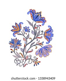 Bouquet of fantastic flowers. Background in ethnic traditional style. Abstract vintage pattern with decorative flowers, leaves and Paisley pattern in Oriental style.