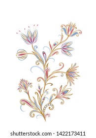 Bouquet of fantastic flowers. Background in ethnic traditional style. Abstract vintage pattern with decorative flowers, leaves and Paisley pattern in Oriental style.