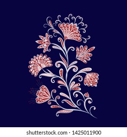 Bouquet of fantastic flowers. Background in ethnic traditional style. Abstract vintage pattern with decorative flowers, leaves and Paisley pattern in Oriental style.