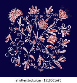 Bouquet of fantastic flowers. Background in ethnic traditional style. Abstract vintage pattern with decorative flowers, leaves and Paisley pattern in Oriental style.