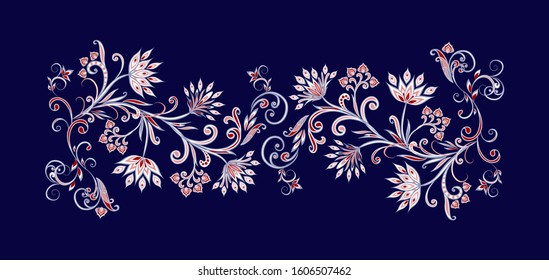 Bouquet of fantastic flowers. Background in ethnic traditional style. Abstract vintage pattern with decorative flowers, leaves and Paisley pattern in Oriental style.