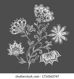 Bouquet of fantastic flowers. Background in ethnic traditional style. Abstract vintage pattern with decorative flowers, leaves and Paisley pattern in Oriental style.