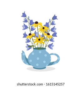 Bouquet of field bells and rudbeckia in teapot on a white background. For packaging decoration, web design.