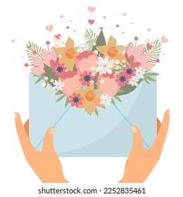 Bouquet of field spring flowers in postal envelope in hand.Flat vector design. Greeting card.