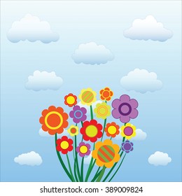 A bouquet of fifteen colorful flowers against a cloudy sky.