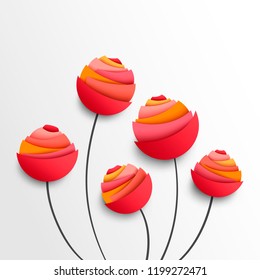 Bouquet of five abstract paper flowers in bright juicy color palette. Holiday floral background