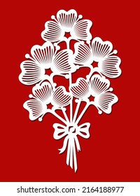 Bouquet of five flowers tied with a ribbon. Decorative plant element, openwork petals and leaves. Template for plotter laser cutting of paper, metal engraving, wood carving, cnc. Vector illustration.