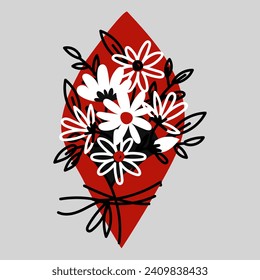 Bouquet of flat flowers in two colors red and black. A bouquet of white daisies in a red package with a doodle ribbon. Vector isolated illustration. a gift for Valentine's, birthday, mother's day