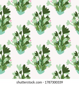 Bouquet with fllowers and branches seamless pattern. Floral elements in green and blue tones. White background. Great for wrapping paper, textile, fabric print and wallpaper. Vector illustration.