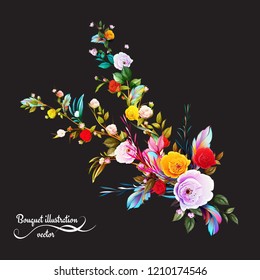 Bouquet floral illustration. Sakura flowers with feathers and leaves around. Abstract hand drawn background. Isolated on black. Vector - stock.