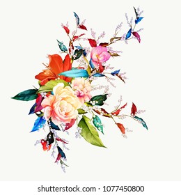 Bouquet floral illustration. Snowberry branches with peony, wild rosemary and branch with leaves. Abstract hand drawn drawing. Isolated on white. Vector - stock.