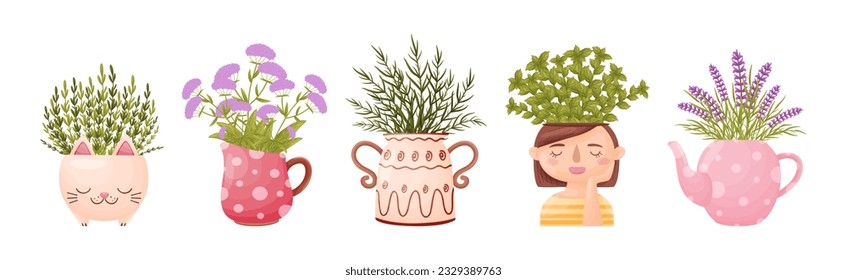 Bouquet of Flower in Cute Ceramic Flowerpot or Vase Vector Set