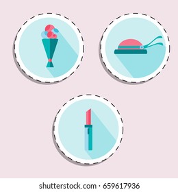 Bouquet of flower, hat, lipstick for woman vector icon set. Beauty and accessoires