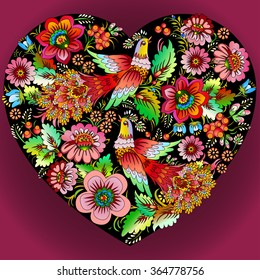 Bouquet Flower Heart in Petrikovka Painting Style
