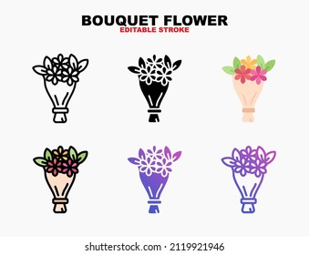 Bouquet flower icon set with different styles. Editable stroke and pixel perfect. Can be used for digital product, presentation, print design and more.