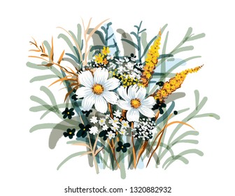 Bouquet of flower isolated on white background. Floral composition in watercolor style. Art vector illustration.