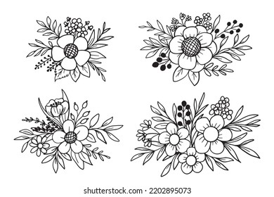 bouquet flower and leaves line art ornament collection, flower doodle line art isolated