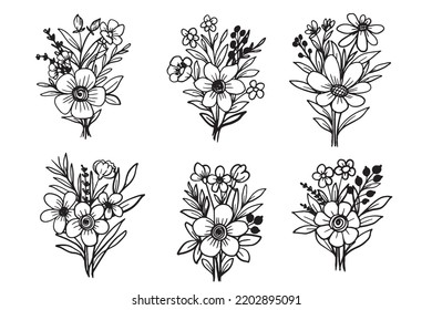 bouquet flower and leaves line art ornament collection, flower doodle line art isolated