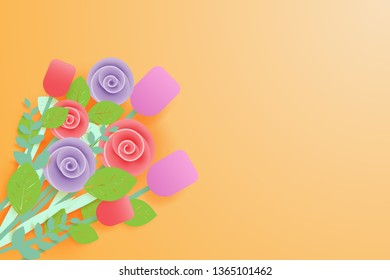 bouquet of flower on yellow background in paper art style